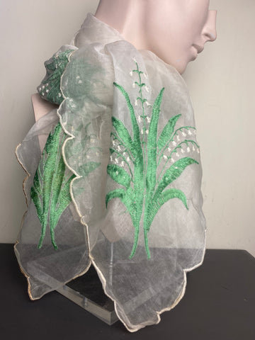 1950s “Lily of the Valley” embroidered chiffon silk scarf