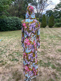 Vintage 1970s Swan Original Italy Chiffon Silk Floral Kaftan with Hood
