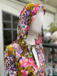 Vintage 1970s Swan Original Italy Chiffon Silk Floral Kaftan with Hood