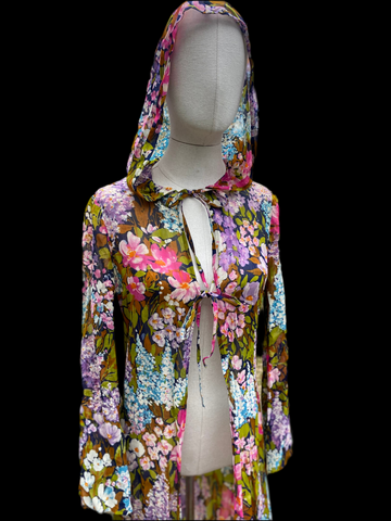 Vintage 1970s Swan Original Italy Chiffon Silk Floral Kaftan with Hood