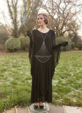 1920s Harvey Nichols Black Chiffon Silk Flapper Dress with Rhinestones