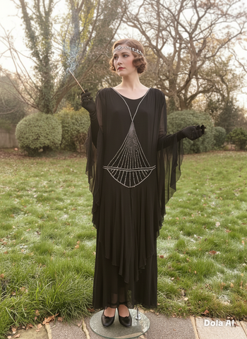 1920s Harvey Nichols Black Chiffon Silk Flapper Dress with Rhinestones