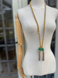Vintage Gold-Tone Bijoux Cascio Rope Chain Tassel Necklace with Green Glass Beads