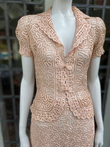 1930s Peach Blush Nude Silk and Satin Skirt Suit size XS