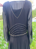 1920s Harvey Nichols Black Chiffon Silk Flapper Dress with Rhinestones