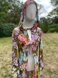 Vintage 1970s Swan Original Italy Chiffon Silk Floral Kaftan with Hood