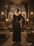 1920s Harvey Nichols Black Chiffon Silk Flapper Dress with Rhinestones