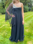 Vintage 1970s Frank Usher Black Evening Dress with Angel Sleeve