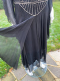 1920s Harvey Nichols Black Chiffon Silk Flapper Dress with Rhinestones
