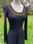 Vintage 1970s Avagolf Maxi Boho Black Knit Dress with Gold Lurex Embroidery