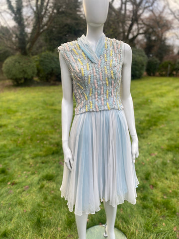 Vintage Blue Chiffon Silk Dress with Ribbon and Crystals