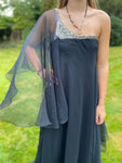 Vintage 1970s Frank Usher Black Evening Dress with Angel Sleeve