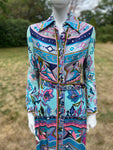 Vintage 1970s Pucci esque Cotton Print Dress in Aquamarine Blue