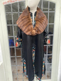 Vintage Black Silk Chinese Embroidered duster Coat  Robe with Mandarin Collar