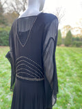 1920s Harvey Nichols Black Chiffon Silk Flapper Dress with Rhinestones