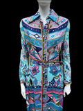 Vintage 1970s Pucci esque Cotton Print Dress in Aquamarine Blue