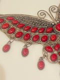 Bohemian Tibetan Red Glass Cabochon Huge Butterfly or Silkworm Necklace
