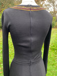 Vintage 1970s Avagolf Maxi Boho Black Knit Dress with Gold Lurex Embroidery