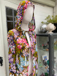 Vintage 1970s Swan Original Italy Chiffon Silk Floral Kaftan with Hood