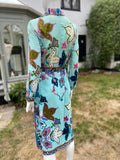 Vintage 1970s Pucci esque Cotton Print Dress in Aquamarine Blue