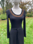Vintage 1970s Avagolf Maxi Boho Black Knit Dress with Gold Lurex Embroidery