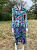 Vintage 1970s Pucci esque Cotton Print Dress in Aquamarine Blue