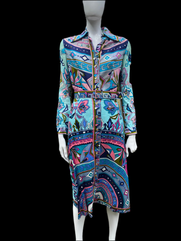 Vintage 1970s Pucci esque Cotton Print Dress in Aquamarine Blue