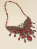 Bohemian Tibetan Red Glass Cabochon Huge Butterfly or Silkworm Necklace