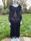 1920s Harvey Nichols Black Chiffon Silk Flapper Dress with Rhinestones