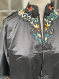 black Chinese silk jacket with floral embroidery and frog closure 