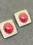 Vintage 1980s Clip-On Earrings with Pink Glass Cabochons