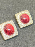 Vintage 1980s Clip-On Earrings with Pink Glass Cabochons