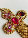 Vintage Cross Necklace With Pink Glass Crystals