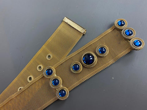 Vintage Gold Tone Metal Mesh Belt With Blue Glass Cabochons