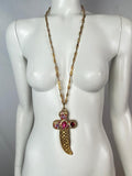 Vintage Cross Necklace With Pink Glass Crystals