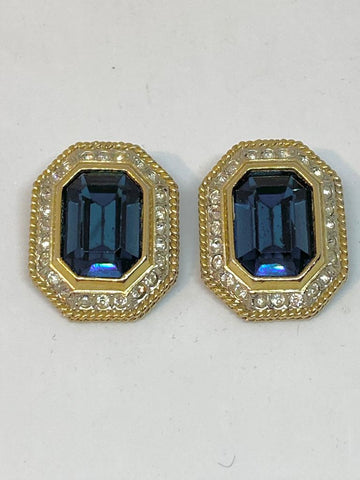 Vintage 1980s Blue Crystal Glass Clip-On Earrings