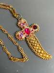 Vintage Cross Necklace With Pink Glass Crystals