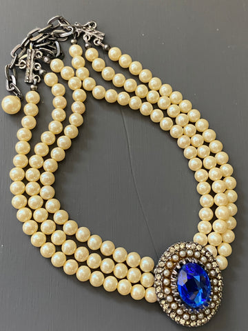 Vintage Triple Row Pearls and Blue Crystal Choker