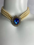 Vintage Triple Row Pearls and Blue Crystal Choker