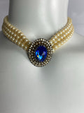 Vintage Triple Row Pearls and Blue Crystal Choker