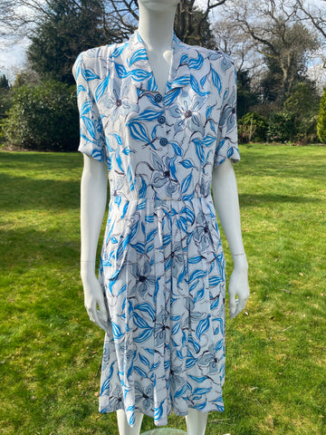 1940s Silk Crepe Flower Print Dress