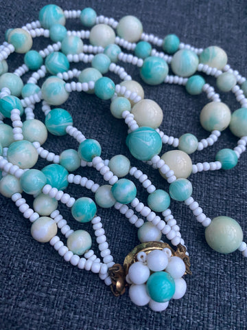 Vintage triple row glass “Eau de Nil” beads necklace.