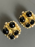 Black Glass and Pearls Clip on Earrings