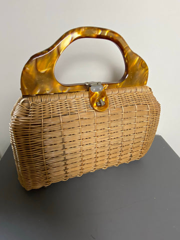 Vintage Wicker Bag with Butterscotch Lucite Handle