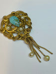 Vintage Tasselled Turquoise Peking Glass Brooch