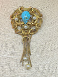 Vintage Tasselled Turquoise Peking Glass Brooch