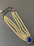 Vintage Triple Row Pearls and Blue Crystal Choker