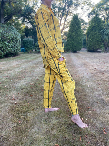 Vintage Yellow Check Cotton Summer Trousers Suit