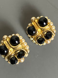 Black Glass and Pearls Clip on Earrings