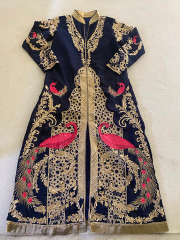 Red Peacocks and Gold Metal Thread Embroidered Kaftan
